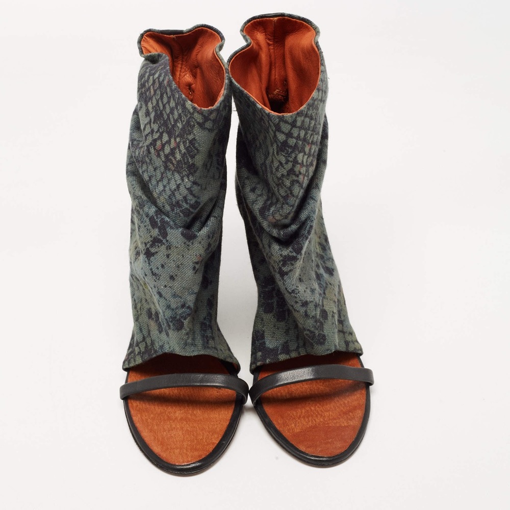ISABEL MARANT Black/Green Leather and Printed Canvas Open Toe Wedge Boots EU 40